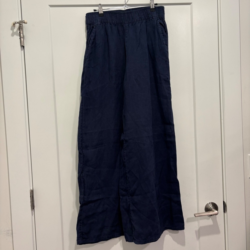 Sigrid Olsen Navy Blue 100% Linen Wide Leg Elastic Waist Pants Small